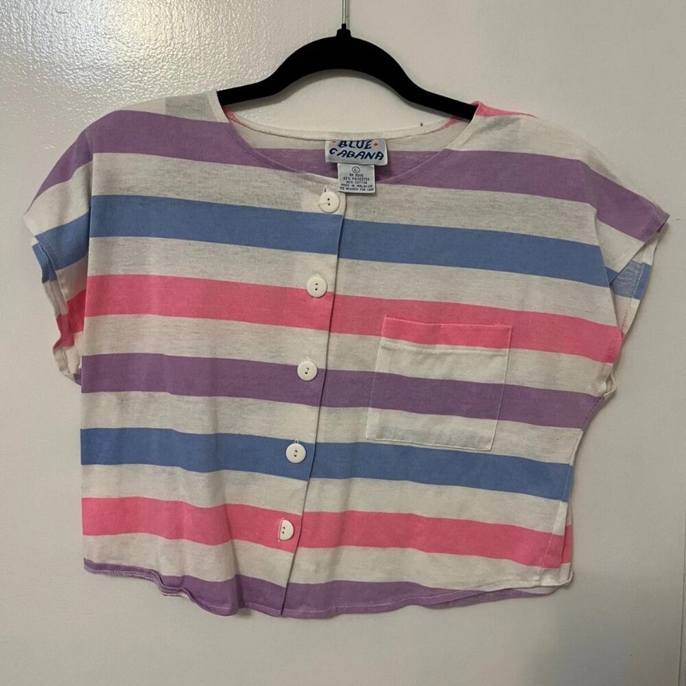 Blue Cabana Large Multi Coloured Striped 80's 90's Cropped Pastel Shirt